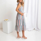 Striped Tie Shoulder Ruffle Hem Dress  High Waist  Long Dresses with Pocket Pleasant Product Express Inc