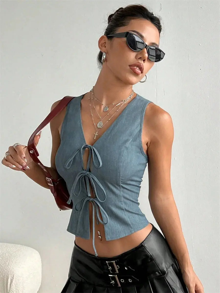 V-neck Lace Up Tops Women's Summer Streetwear Fashion Crop Top Pleasant Product Express Inc