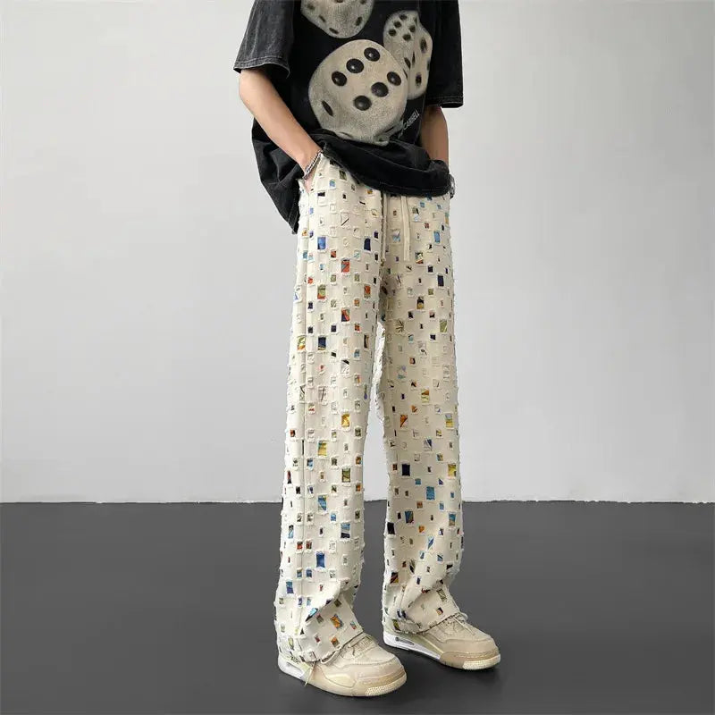 Men's Casual Trousers Hole Plaid Patchwork Pants High Waist Pockets Pleasant Product Express Inc
