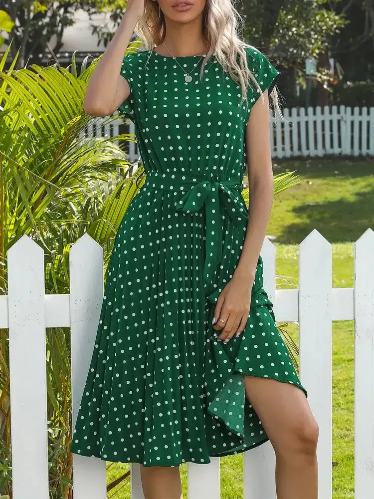 O Neck Polka Dot Summer Dresses Cap Sleeve Women Knee Length Pleasant Product Express Inc