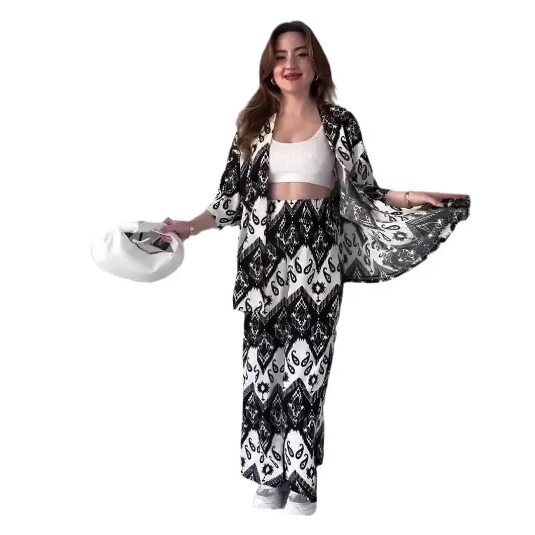 Two Piece Sets Print Pant Cardigan V Neck Half Sleeve Shirt Pleasant Product Express Inc