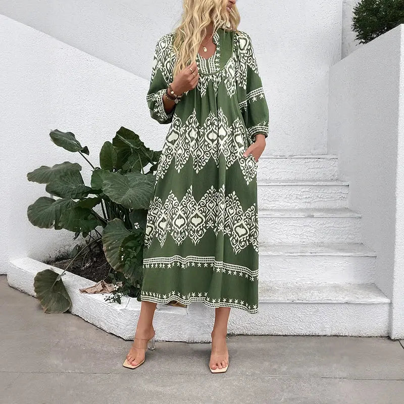 Ethnic Style Geo Print Loose Dress Women's Casual Pleasant Product Express Inc