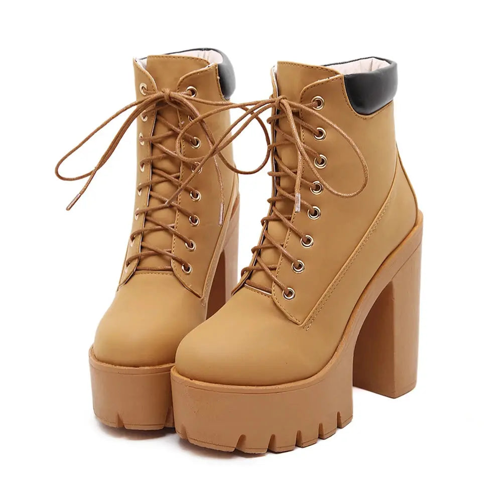 Women's Chunky Heeled Short Boots Round Toe Lace Up High Heels Pleasant Product Express Inc