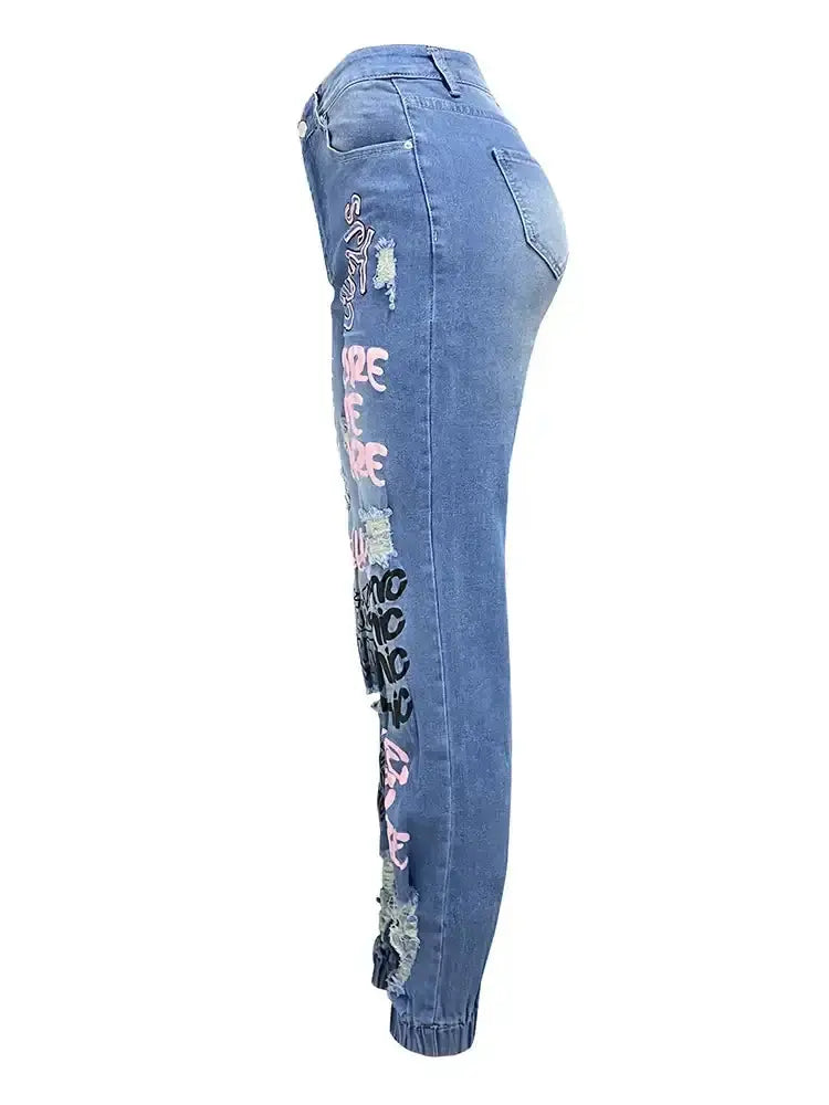Streetwear Hip Hop Letter Print Ripped Jeans Women Fashion Pleasant Product Express Inc