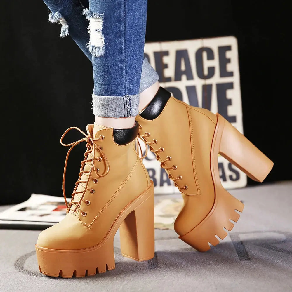 Women's Chunky Heeled Short Boots Round Toe Lace Up High Heels Pleasant Product Express Inc