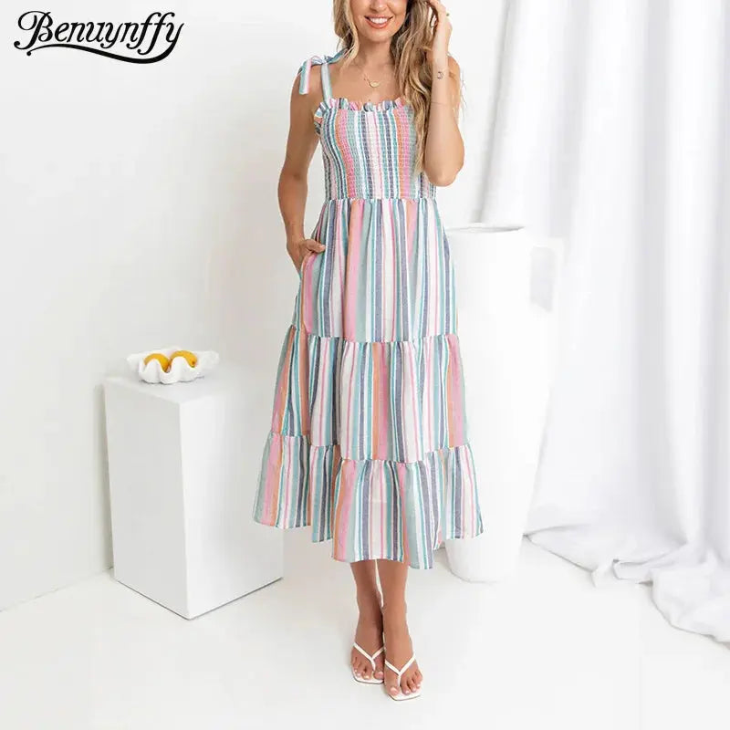 Striped Tie Shoulder Ruffle Hem Dress  High Waist  Long Dresses with Pocket Pleasant Product Express Inc