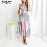 Striped Tie Shoulder Ruffle Hem Dress  High Waist  Long Dresses with Pocket Pleasant Product Express Inc