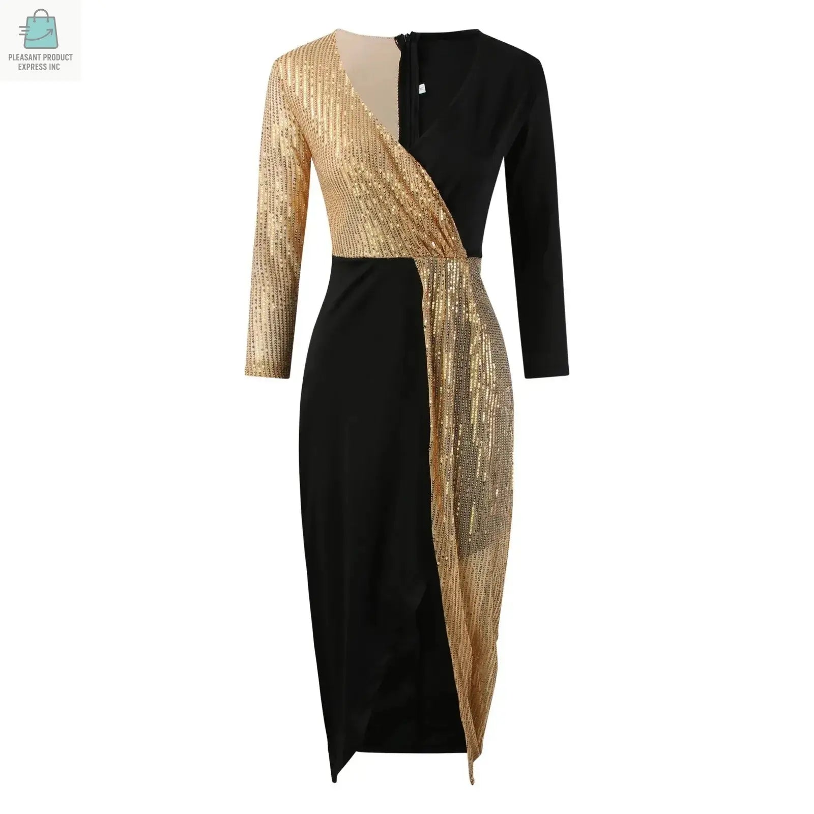Sexy Black And Gold Sequined Evening Dress Luxury Contrast DesignPleasant Product