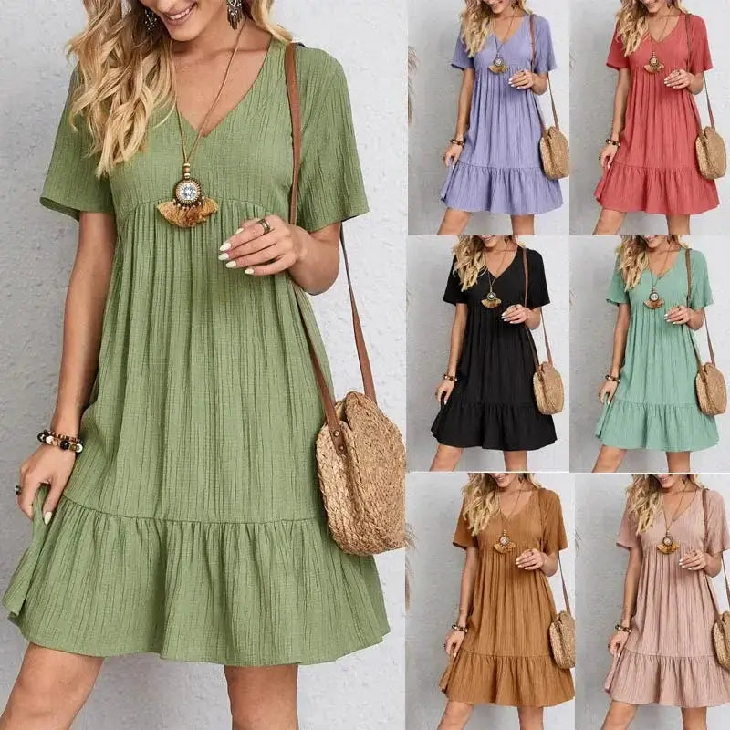 Loose V-neck Short-Sleeved Pleated Women's Dress Pleasant Product Express Inc