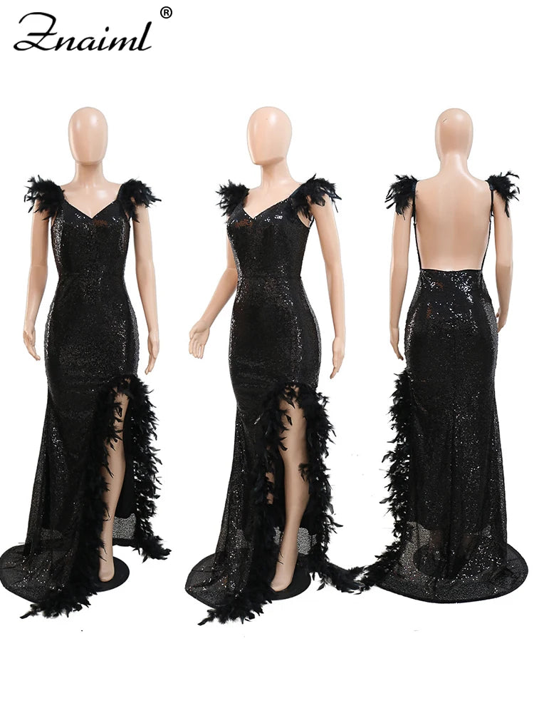 Guest Backless Side High Split Long Dress Women Sexy Sequins Feathers Mermaid Evening