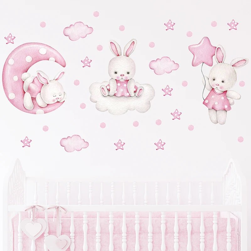 Watercolor Soft Pink 3 Bunnies Rabbit Moon Clouds Stars Wall Stickers for Kids Room