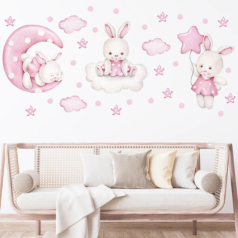 Watercolor Soft Pink 3 Bunnies Rabbit Moon Clouds Stars Wall Stickers for Kids Room