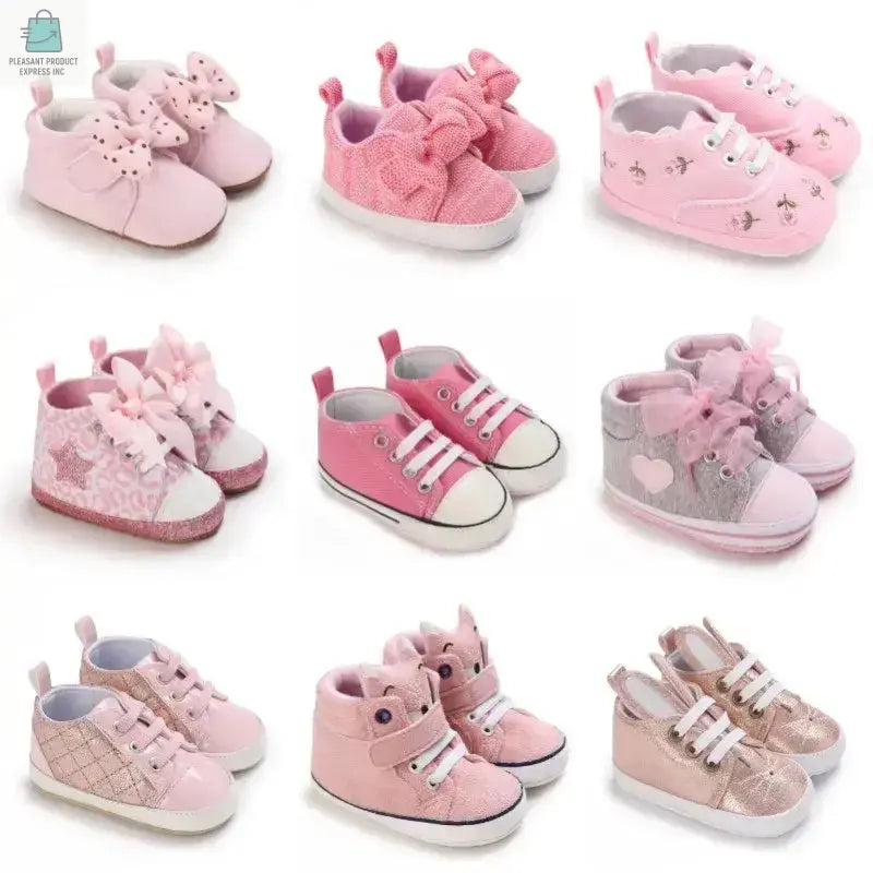 Selection of nine pairs of Baby Princess Fashion First Walkers Shoes in various pink shades with butterfly knot and stylish designs for infants 0-12 months.