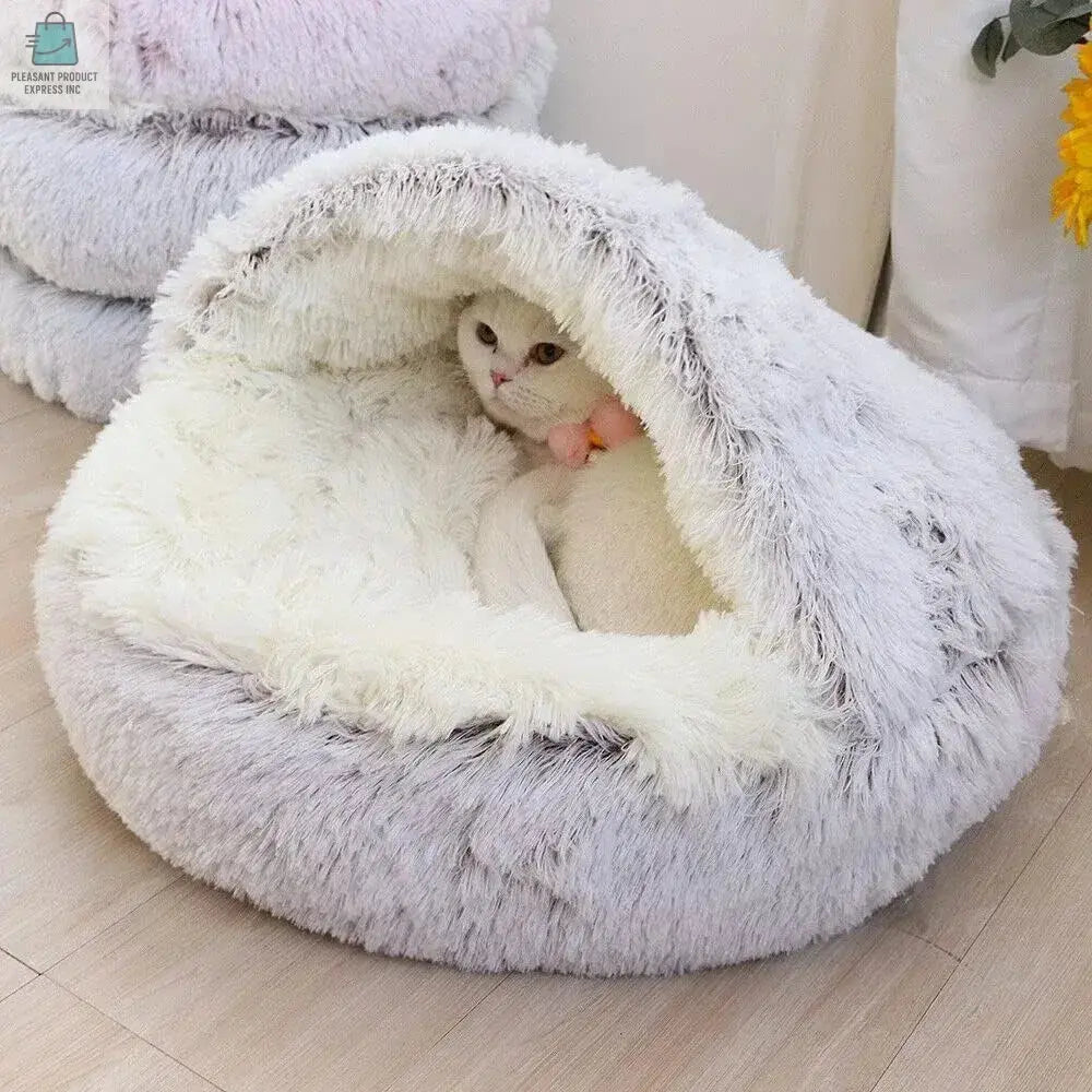 Cozy 2-in-1 soft plush round cat and small dog bed with cover, featuring a warm sleeping nest cave design.