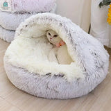 Cozy 2-in-1 soft plush round cat and small dog bed with cover, featuring a warm sleeping nest cave design.