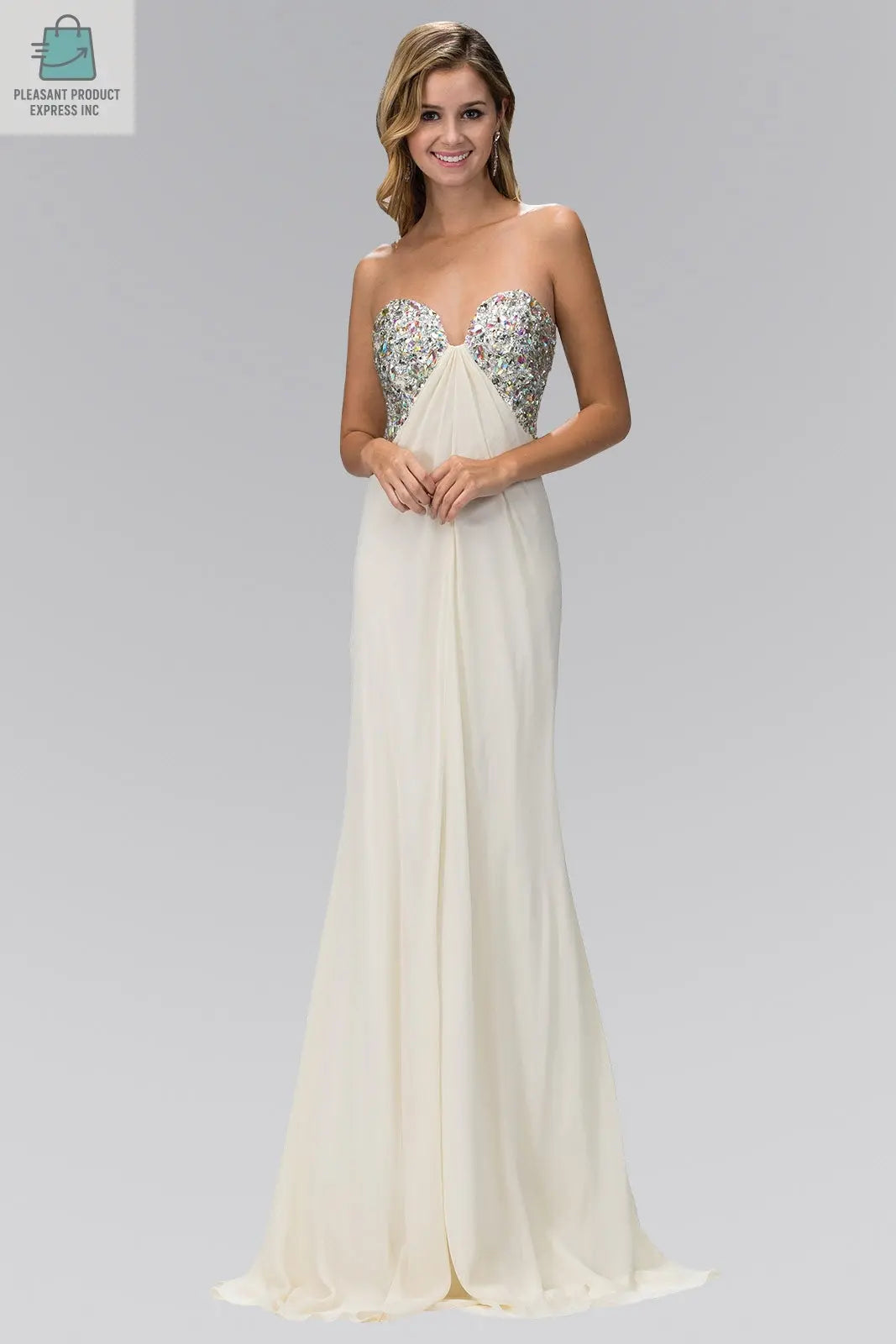 Strapless Open Back Chiffon Long Dress with Jewel Embellished Bust-1