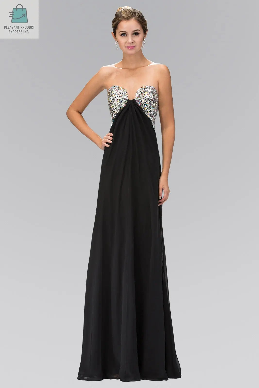 Strapless Open Back Chiffon Long Dress with Jewel Embellished Bust-2
