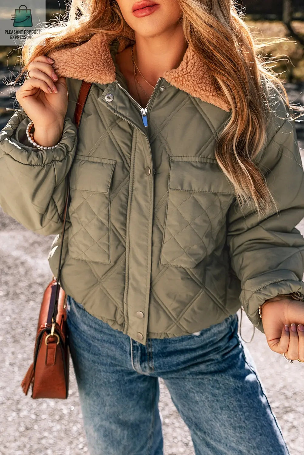 Teddy Collar Flap Pockets Quilted Puffer Jacket-3