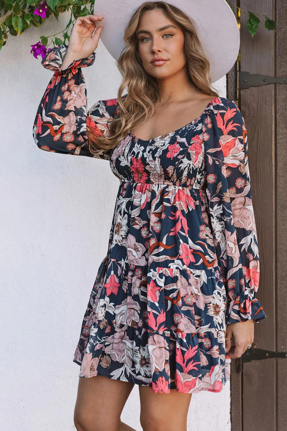 Tessa Floral Tiered Long Puff Sleeve Mini Dress-2