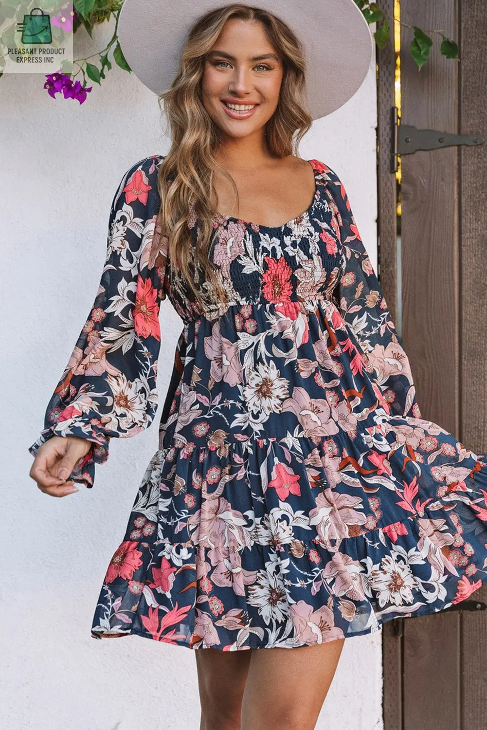 Tessa Floral Tiered Long Puff Sleeve Mini Dress-3