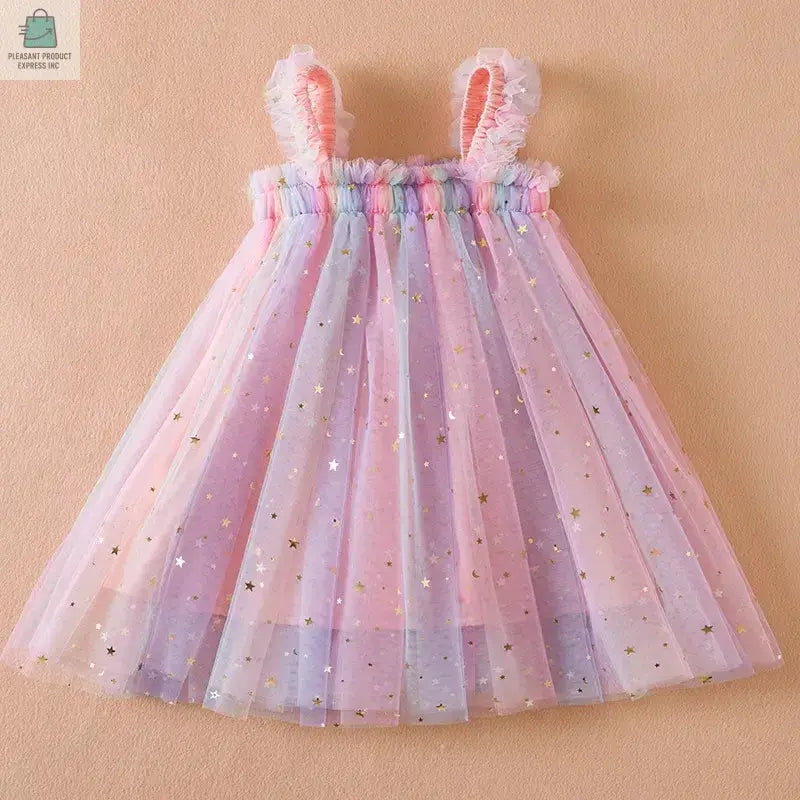 Pastel rainbow floral toddler dress with gold star accents, sleeveless and knee-length, perfect for summer parties.