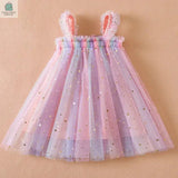 Pastel rainbow floral toddler dress with gold star accents, sleeveless and knee-length, perfect for summer parties.