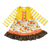 Toddler girls long sleeve fall dress with mustard striped sleeves and floral ruffle trim