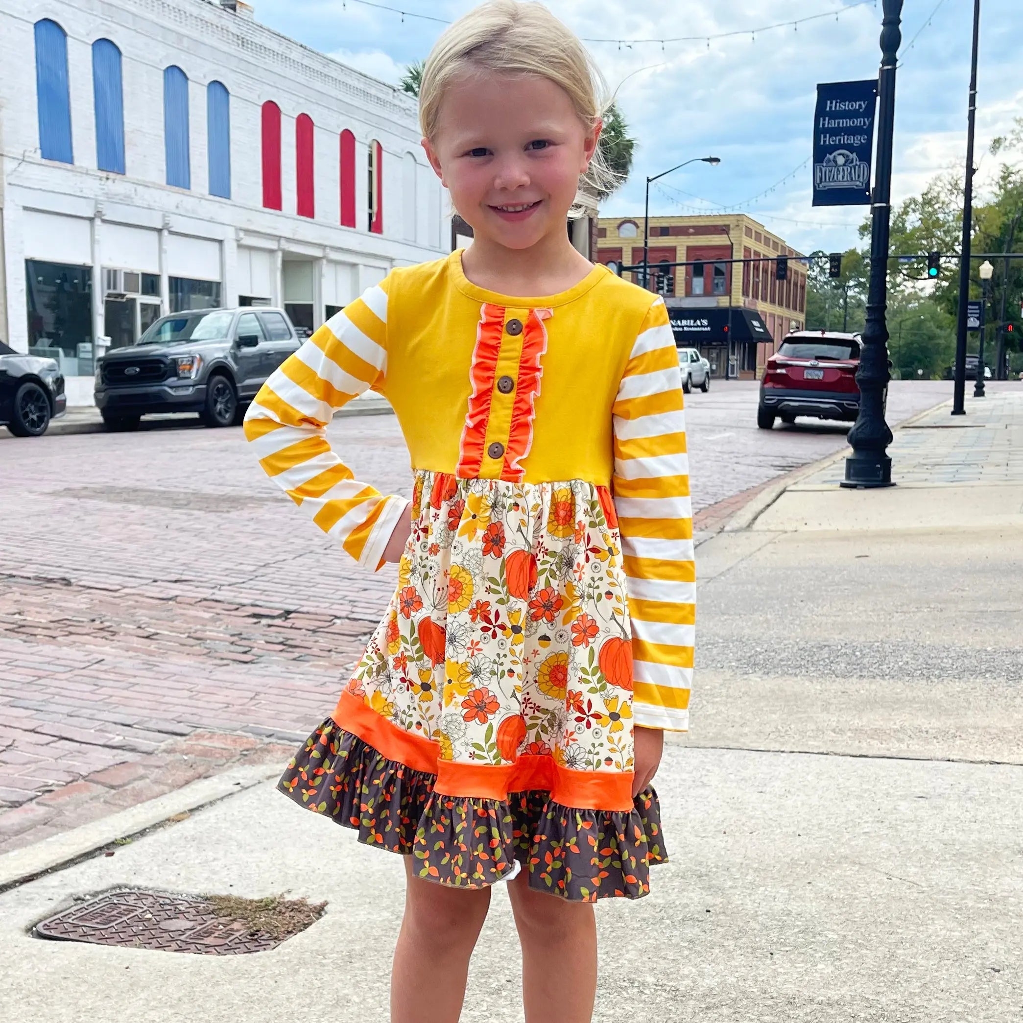 Toddler Girls Autumn Pumpkin Floral Cotton Knit Fall Long Sleeve Dress-1