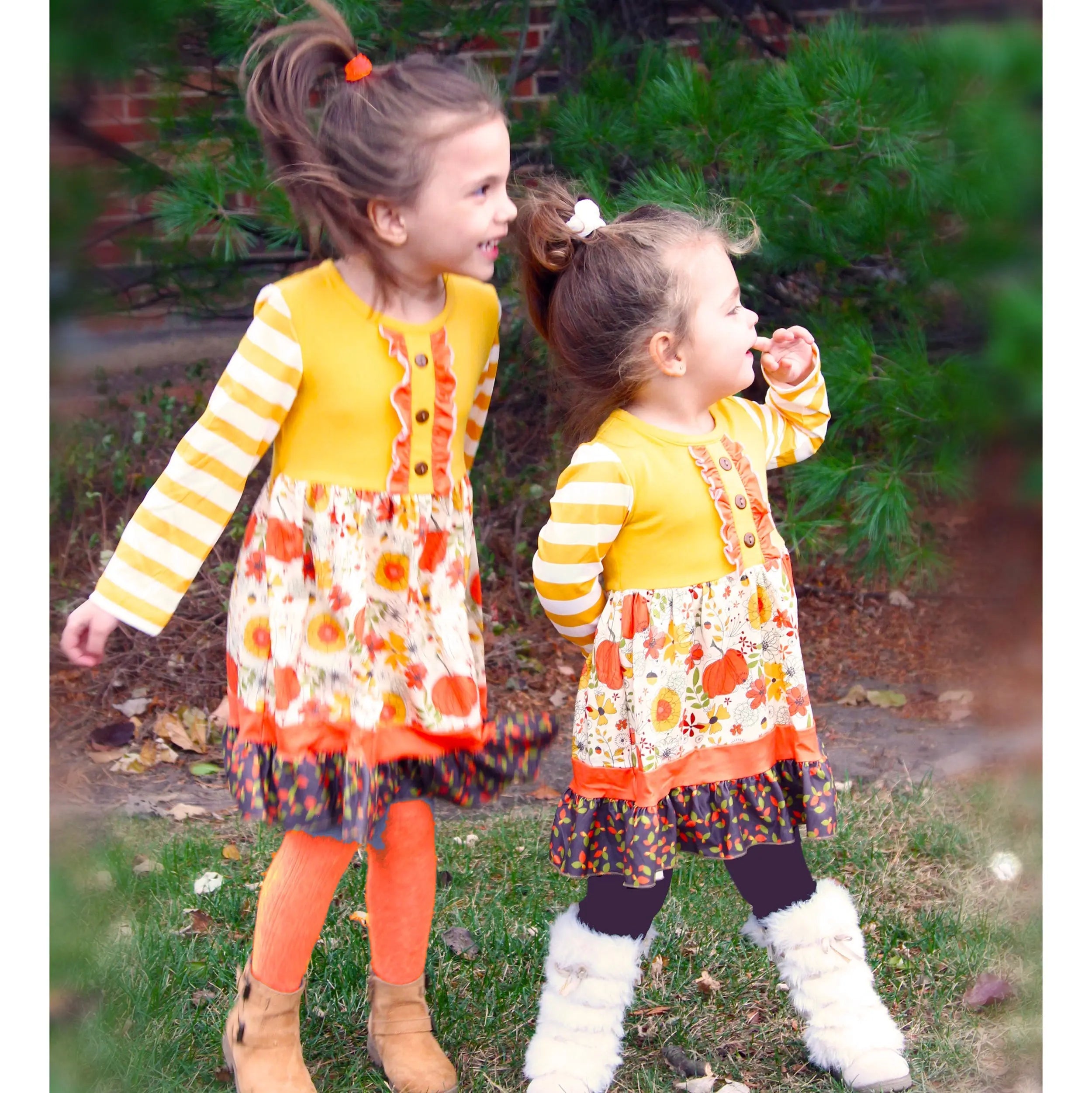 Toddler Girls Autumn Pumpkin Floral Cotton Knit Fall Long Sleeve Dress-2