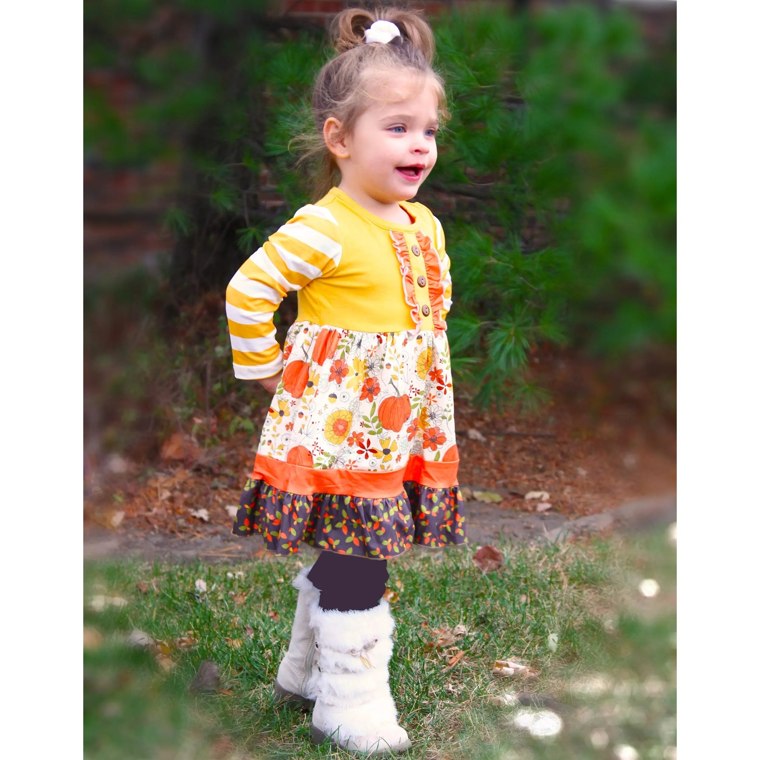 Toddler Girls Autumn Pumpkin Floral Cotton Knit Fall Long Sleeve Dress-3