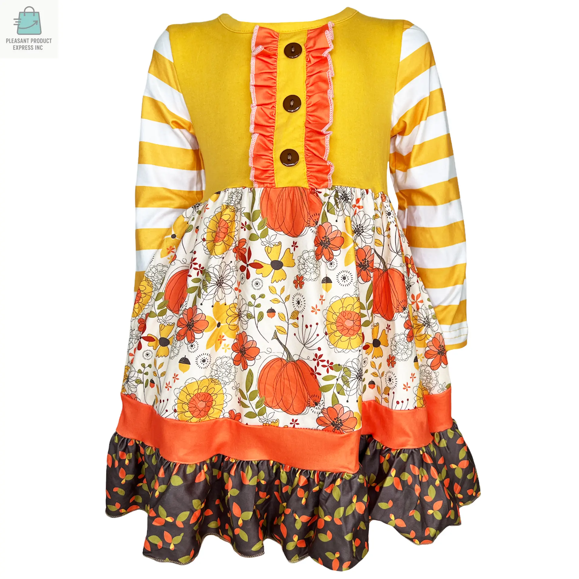 Toddler Girls Autumn Pumpkin Floral Cotton Knit Fall Long Sleeve Dress-4