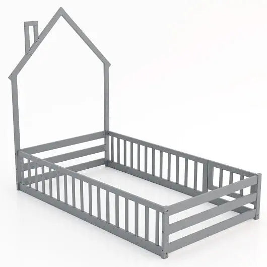 Twin Size Montessori Floor Bed with Lockable Door and Full-Length Guardrail-Gray-0