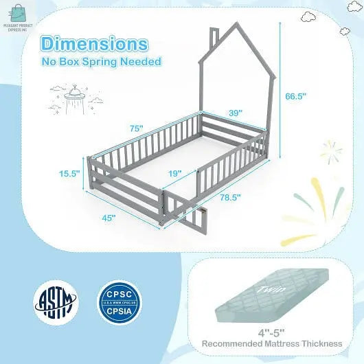 Twin Size Montessori Floor Bed with Lockable Door and Full-Length Guardrail-Gray-5
