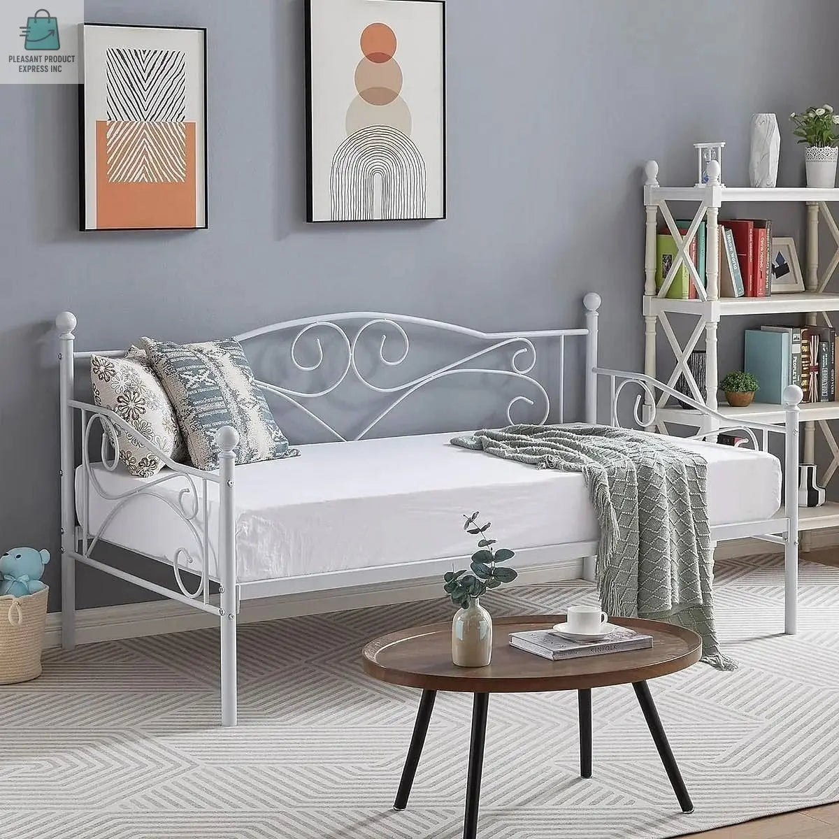 Twin size Classic Heavy Duty Steel Day Bed Frame in White Metal Finish-0