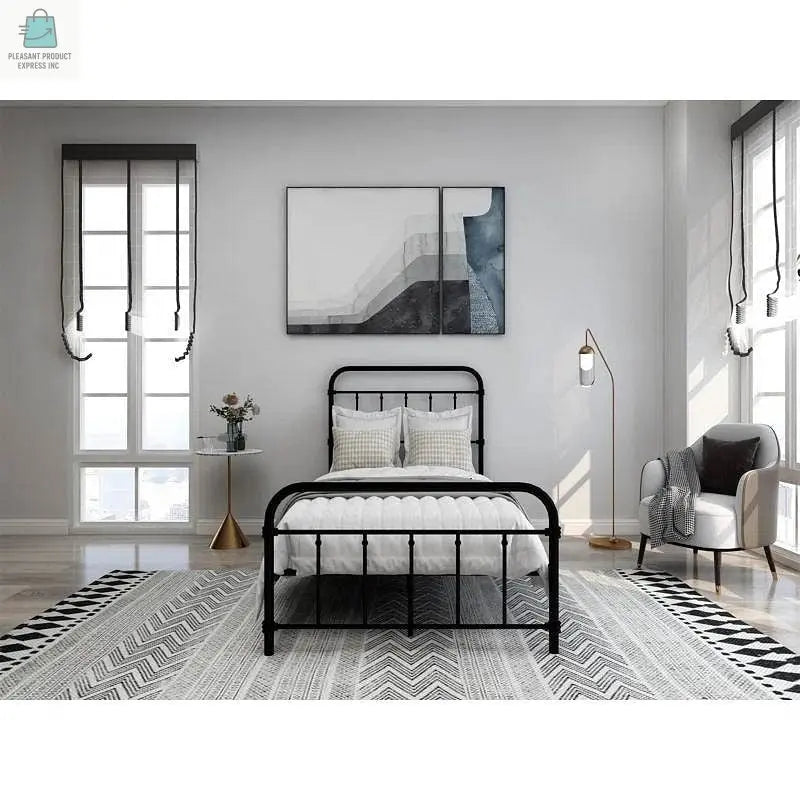 Twin size Farmhouse Black Metal Bed Frame with Rounded Headboard Footboard-0