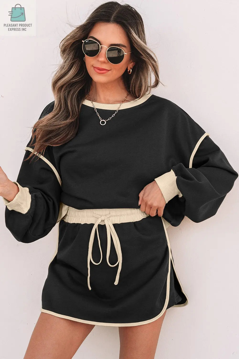 Violeta Loose Pullover and Lace-up Waist Skort Set-7