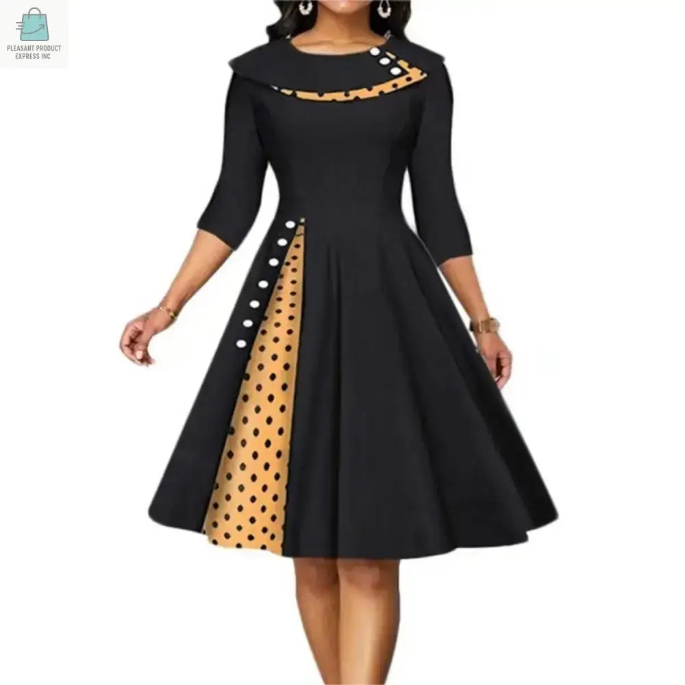 Women Vintage Polka Dot Dress Long Sleeve Buttons Office SkirtPleasant Product