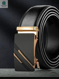High-quality PU youth men's black belt with sleek gold-accented buckle, stylish and durable accessory for casual and formal wear